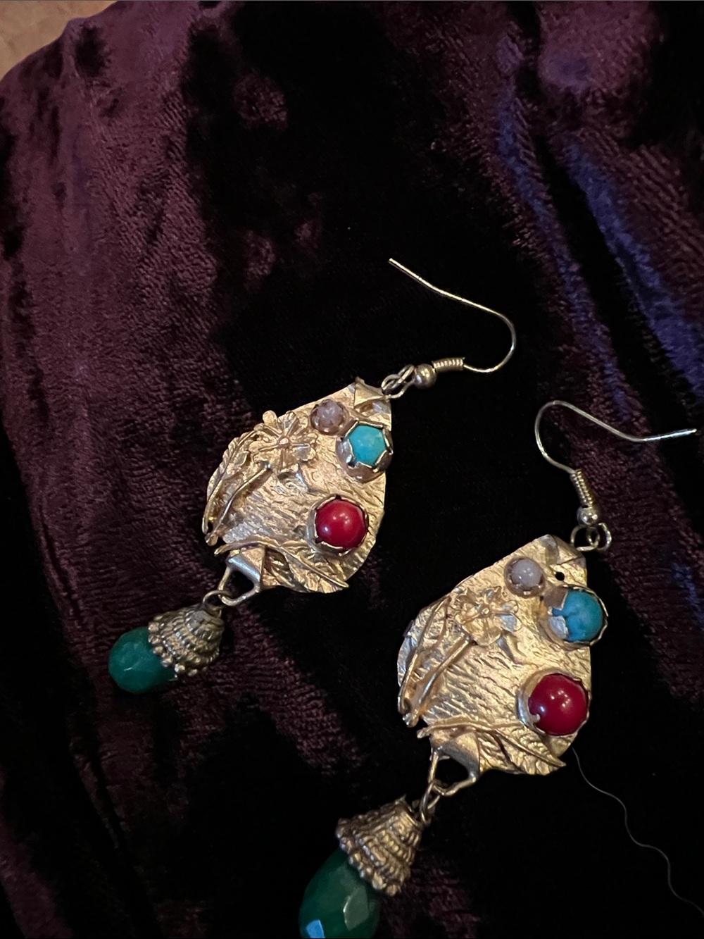 Turkish gold and semiprecious stone pierced earrings